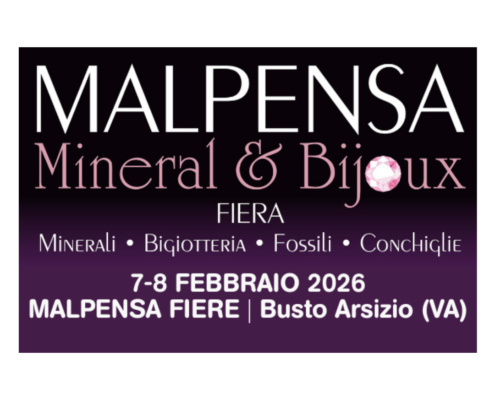 Logo della fiera Malpensa Mineral & Bijoux 2026 a Busto Arsizio: minerali, bigiotteria, fossili, conchiglie.