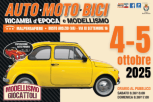 Evento Auto Moto Bici a Malpensafiere, 4-5 ottobre 2025 con auto gialla d'epoca e modellismo.