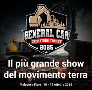 Escavatore e logo General Car 2025, show movimento terra a Malpensa Fiere, 18-19 ottobre 2025.