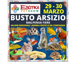 Locandina Esotika Pet Show a Busto Arsizio, 29-30 marzo, con vari animali esotici e da compagnia.