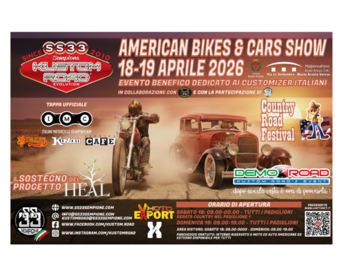 Locandina evento American Bikes & Cars Show, 18-19 aprile 2026, benefico per customizzatori italiani a Busto Arsizio.