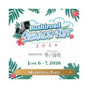 Logo del Bushiroad Summer Fest 2026, che si terrà a Malpensa, Italia, il 6 e 7 giugno, con elementi tropicali.