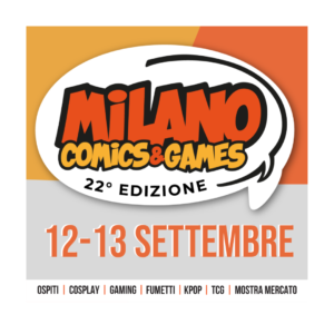 Logo di Milano Comics & Games 22ª edizione, in programma il 12-13 settembre, con eventi su cosplay, gaming e fumetti.