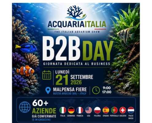 Banner di Acquaria Italia B2B Day, evento sul business acquariofilo del 21 settembre 2026 a Malpensa Fiere, Italia.