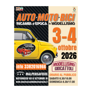 Manifesto dell'evento Auto Moto Bici, esposizione di ricambi d'epoca a Busto Arsizio, 3-4 ottobre 2026.