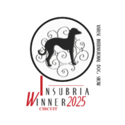 Logo dell'Insubria Winner Dog Show 2025 con silhouette di cane e testo decorativo intorno.