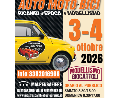 Alt text: Manifesto per l'esposizione di auto, moto e bici d'epoca a Busto Arsizio, 3-4 ottobre 2026, info: 3382016966.
