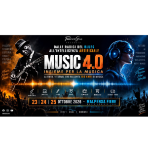 Locandina del festival Music 4.0, un evento dedicato a 100 anni di musica, con concerti, mostre e seminari.