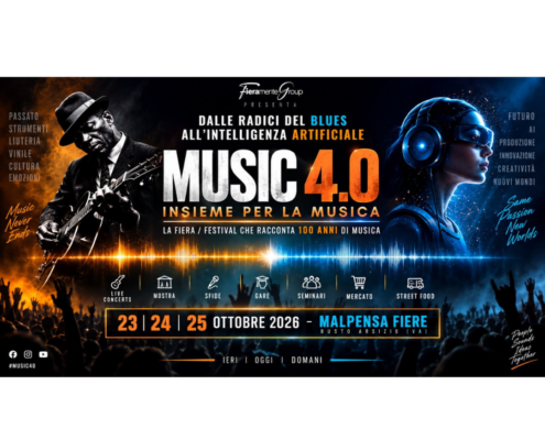 Locandina del festival Music 4.0, un evento dedicato a 100 anni di musica, con concerti, mostre e seminari.