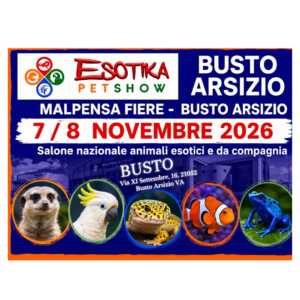 Manifesto dell'Esotika Pet Show 2026, evento su animali esotici a Busto Arsizio, 7 e 8 novembre.