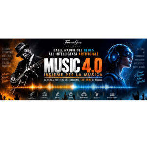 Logo e testo per il festival Music 4.0, un evento che celebra 100 anni di musica tra tradizione e innovazione.